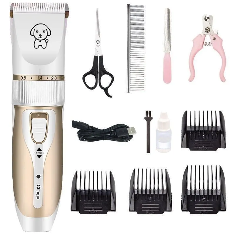 White pet electric clipper with ceramic blade, four combs, brush, and USB cable for dog grooming