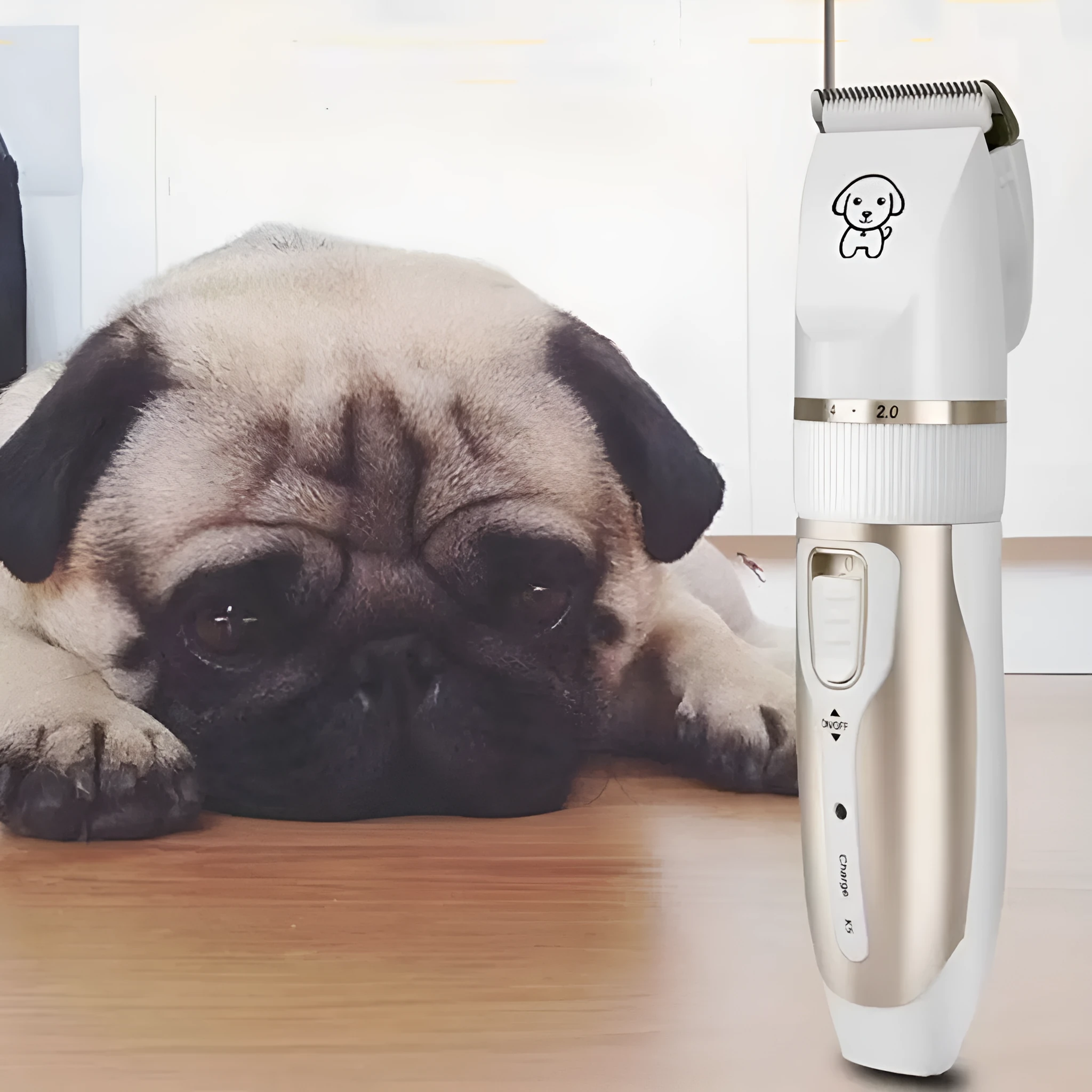 White pet electric clipper with ceramic blade, four combs, brush, and USB cable for dog grooming