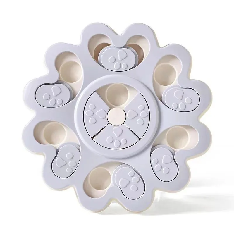 Flower-shaped blue dog puzzle slow feeder bowl with multiple food compartments on non-slip base