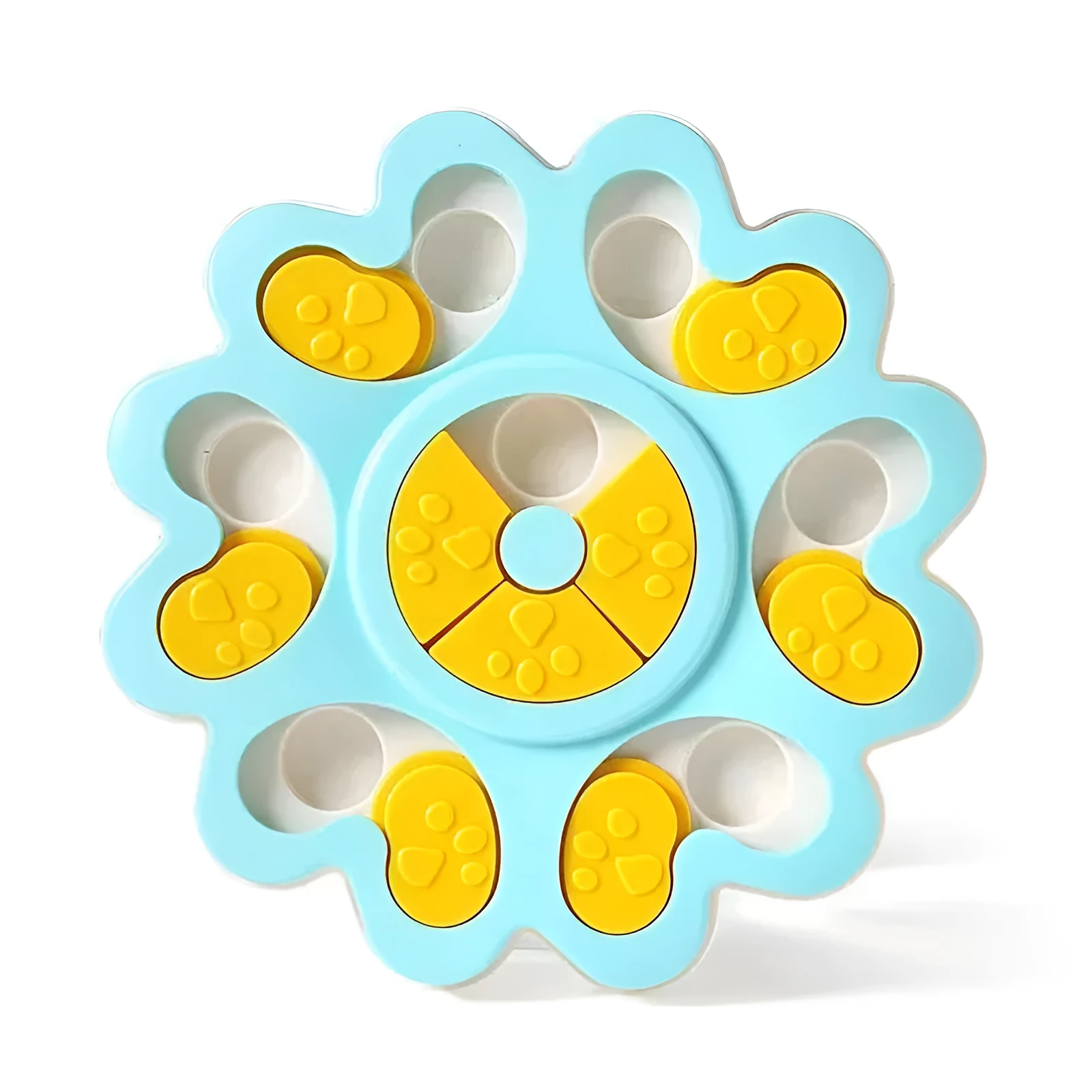 Flower-shaped blue dog puzzle slow feeder bowl with multiple food compartments on non-slip base
