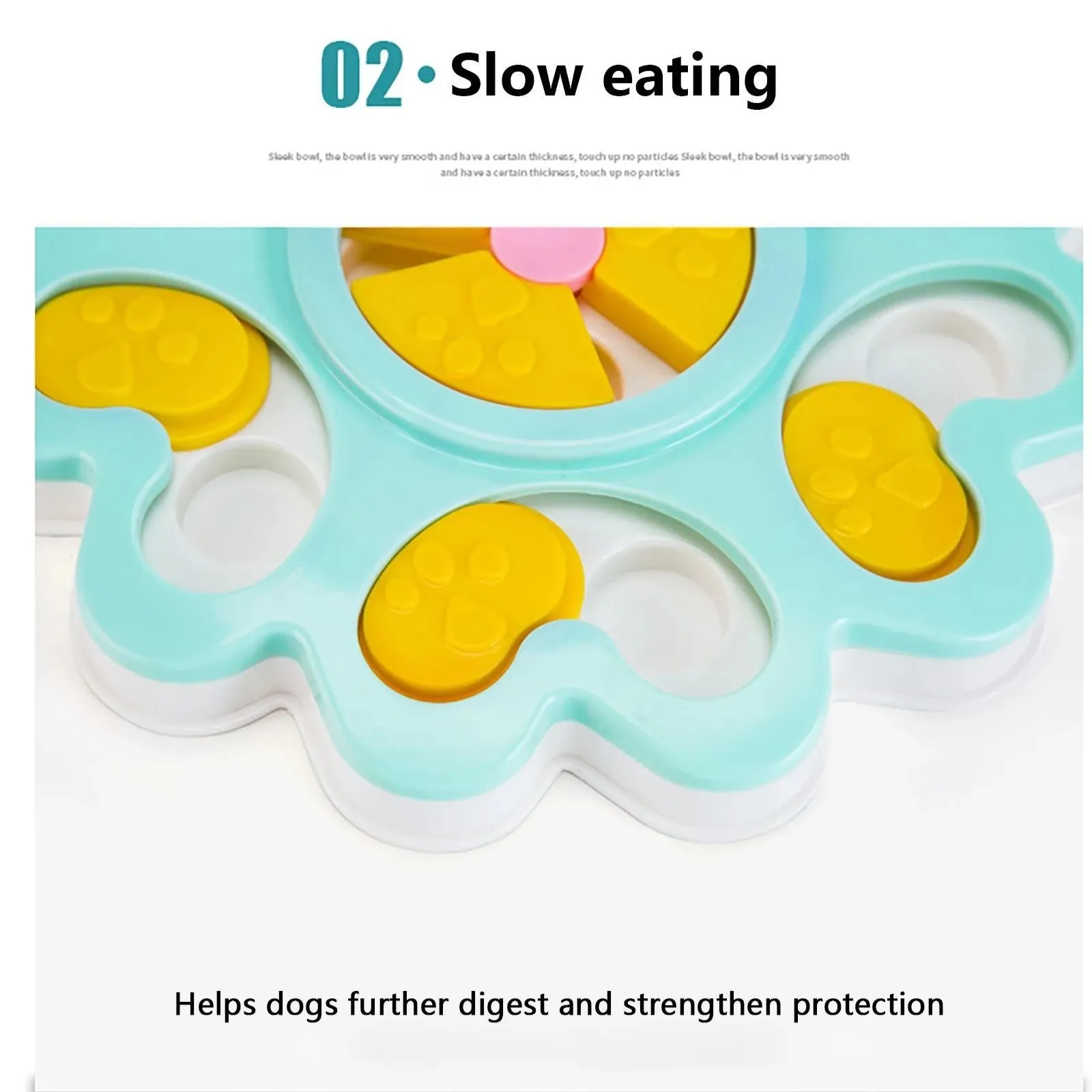 Flower-shaped blue dog puzzle slow feeder bowl with multiple food compartments on non-slip base