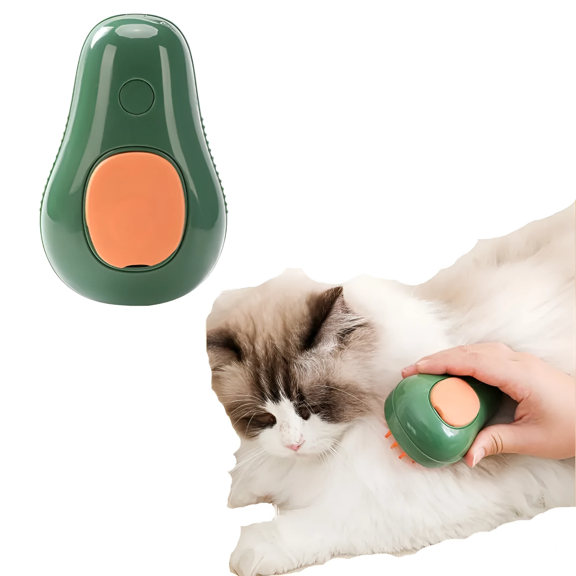 Green and white 3-in-1 cat steam brush with silicone bristles and water spray nozzle.