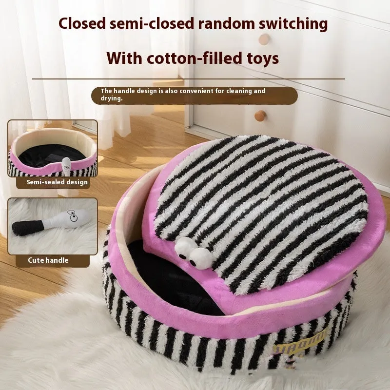 Striped three-piece soft pet bed set showing sofa nest, big mouth nest and teacup nest for dogs