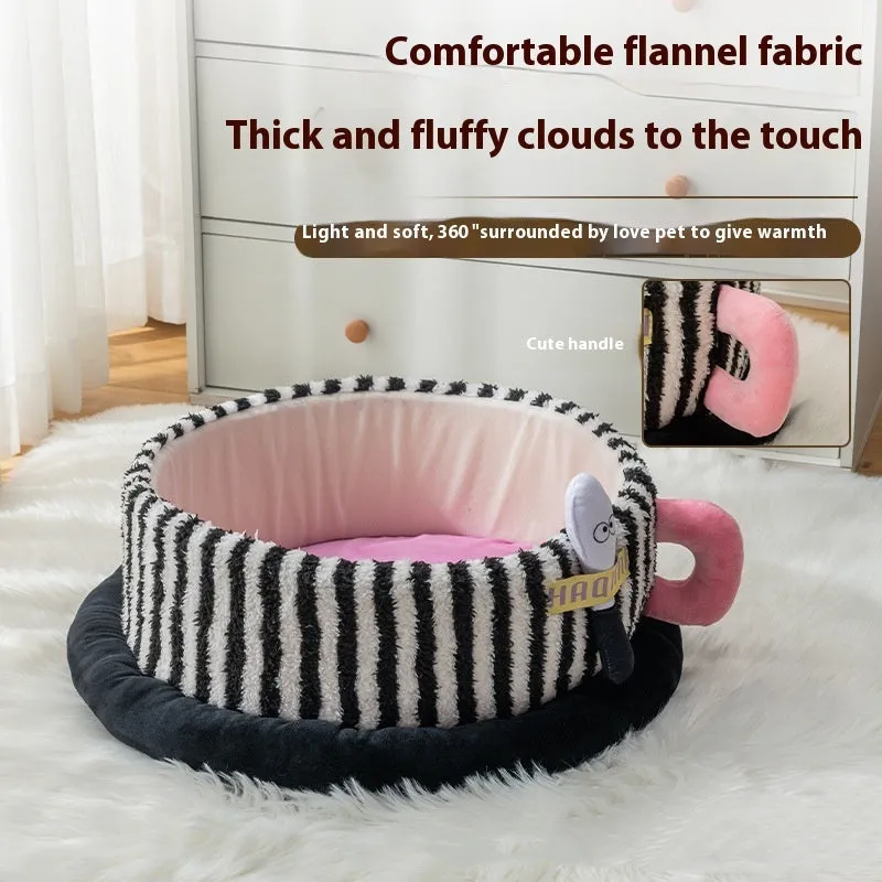 Striped three-piece soft pet bed set showing sofa nest, big mouth nest and teacup nest for dogs