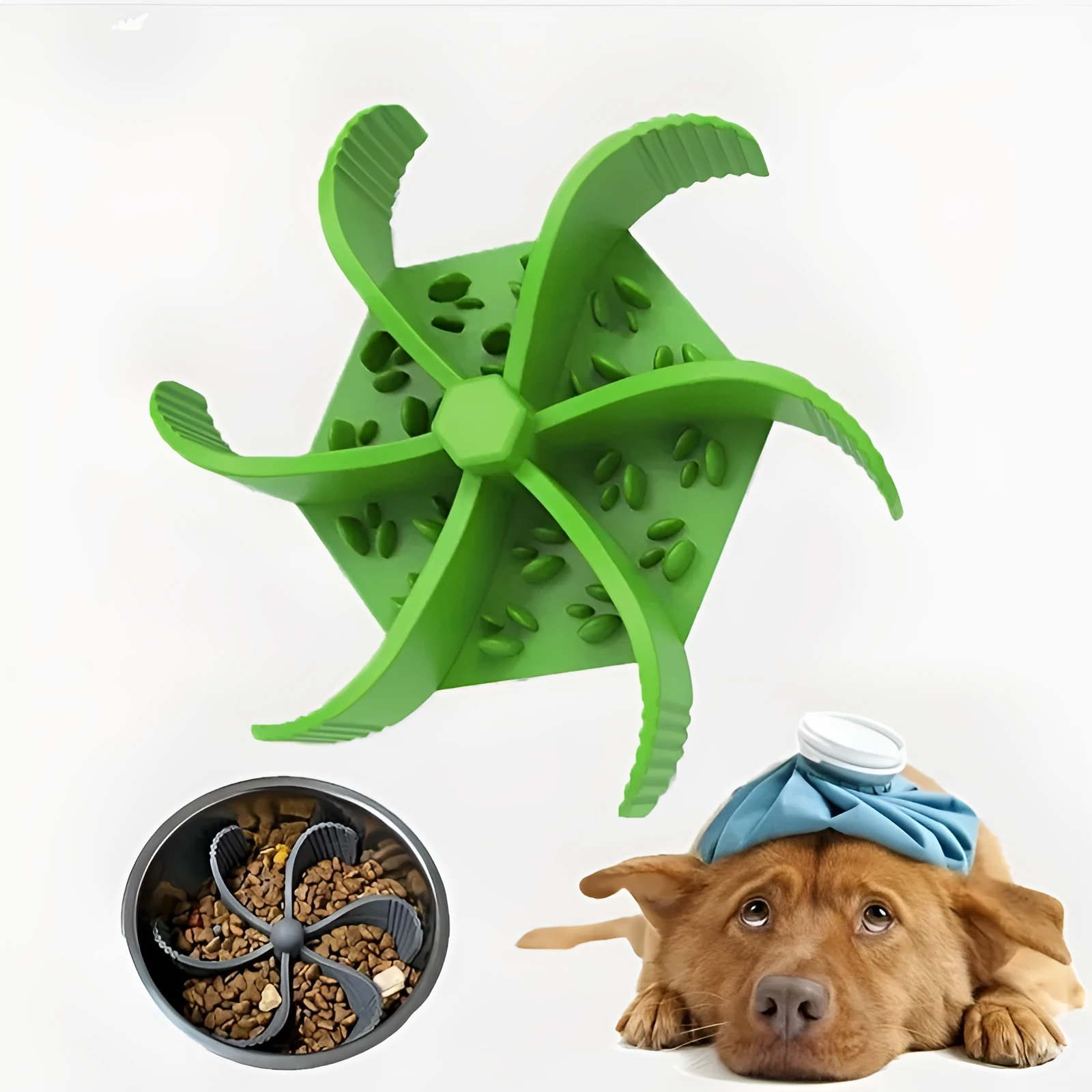 Silicone pet slow food device with sucker cup in green colour on a smooth floor