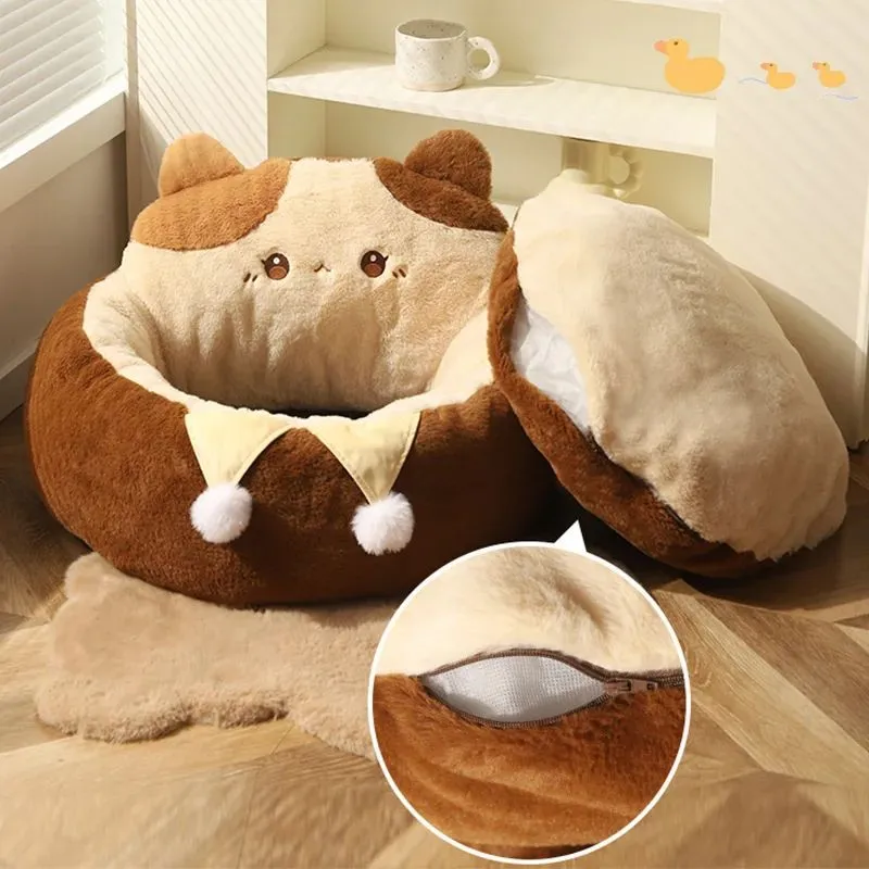 Round grey pet bed with deep cushion filled with PP cotton for cats and dogs