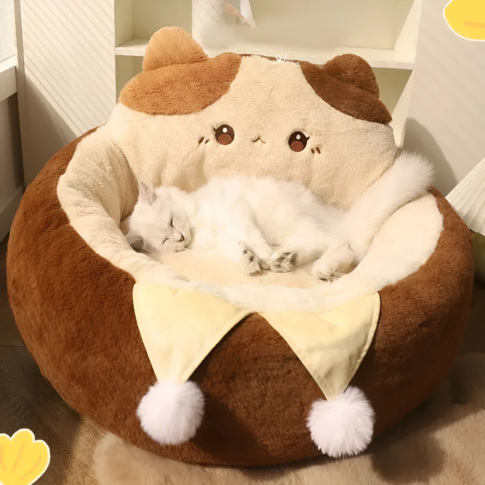 Round grey pet bed with deep cushion filled with PP cotton for cats and dogs