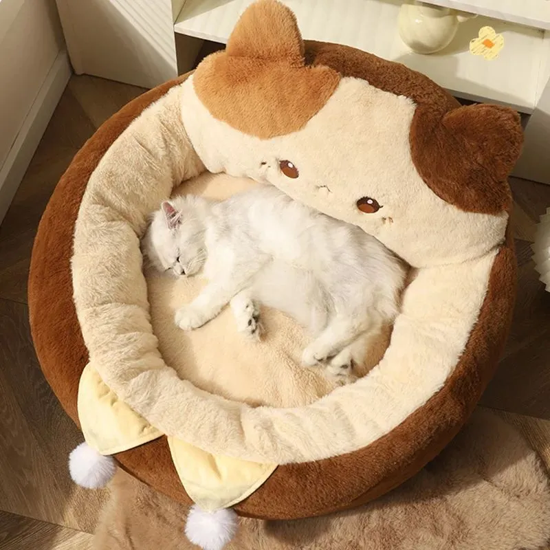 Round grey pet bed with deep cushion filled with PP cotton for cats and dogs