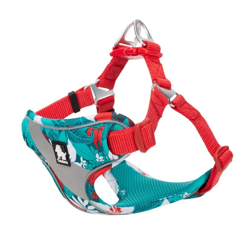Floral pattern nylon pet harness chest strap for outdoor travel traction in red, blue, green, and basket weave designs