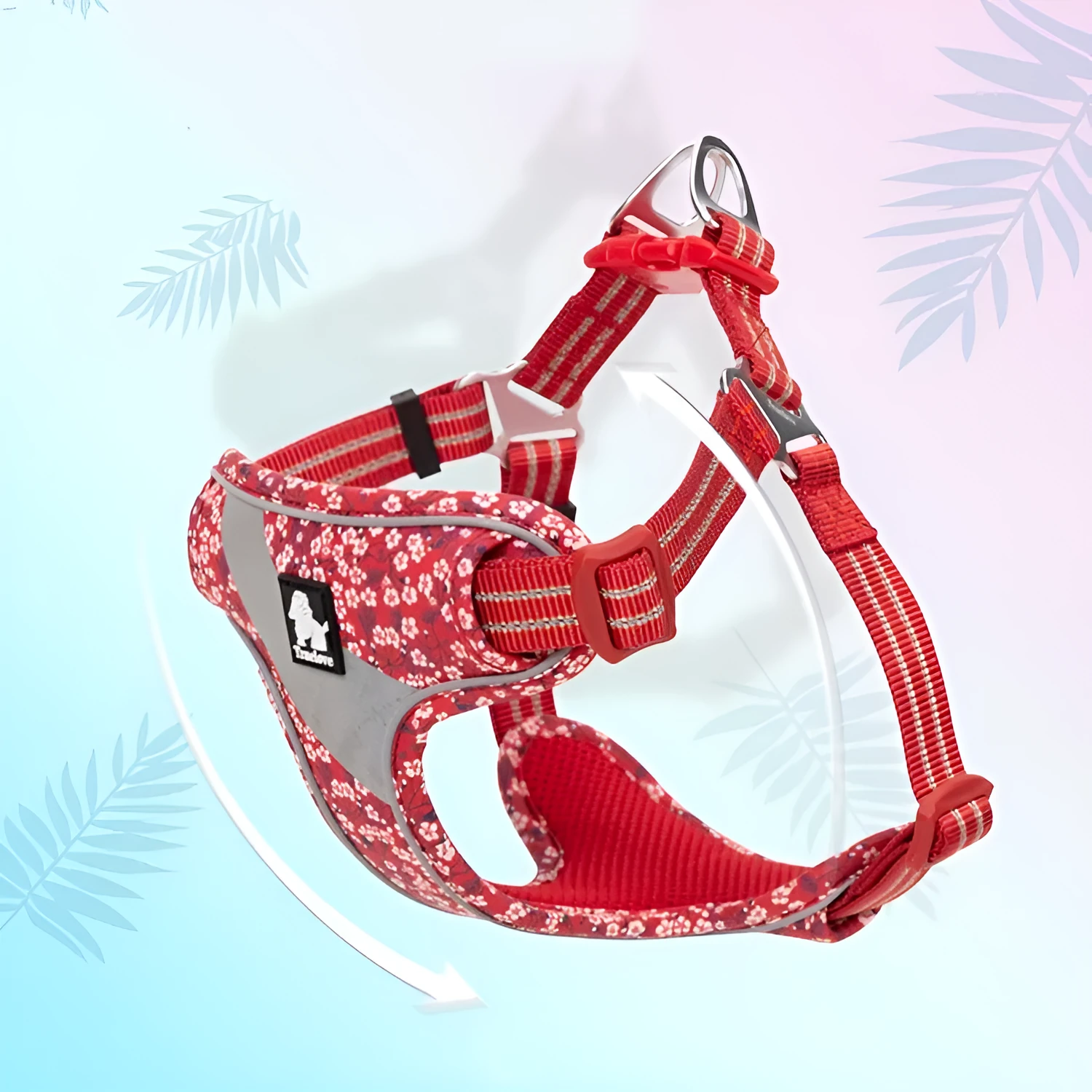 Floral pattern nylon pet harness chest strap for outdoor travel traction in red, blue, green, and basket weave designs