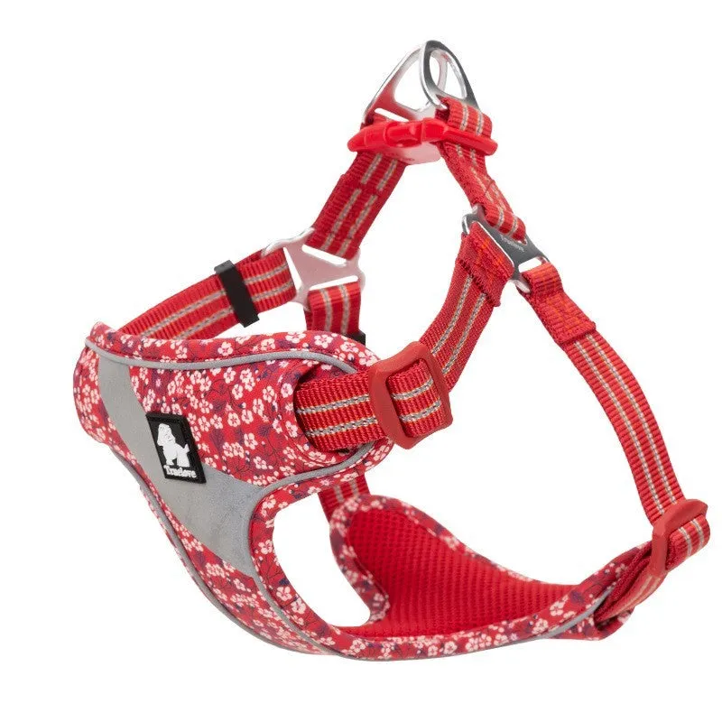 Floral pattern nylon pet harness chest strap for outdoor travel traction in red, blue, green, and basket weave designs