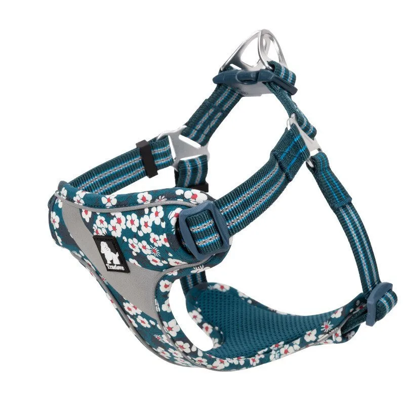 Floral pattern nylon pet harness chest strap for outdoor travel traction in red, blue, green, and basket weave designs