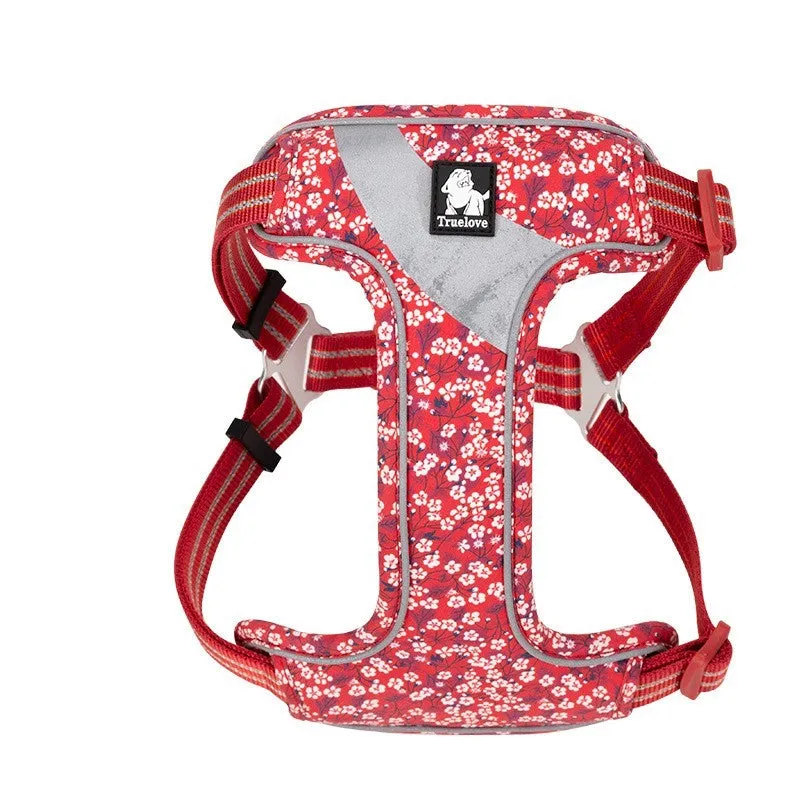 Floral pattern nylon pet harness chest strap for outdoor travel traction in red, blue, green, and basket weave designs