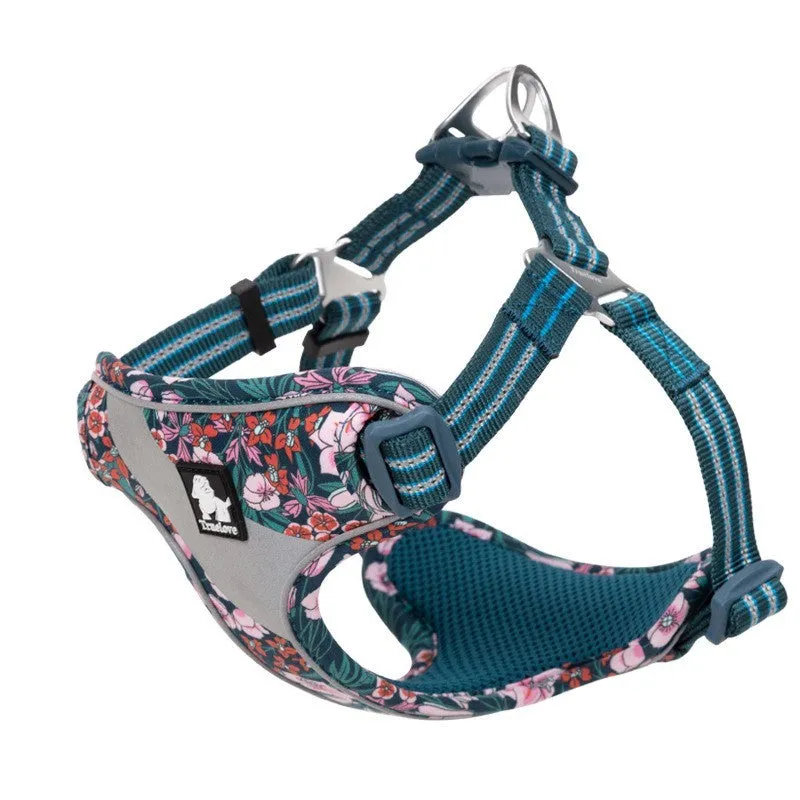 Floral pattern nylon pet harness chest strap for outdoor travel traction in red, blue, green, and basket weave designs