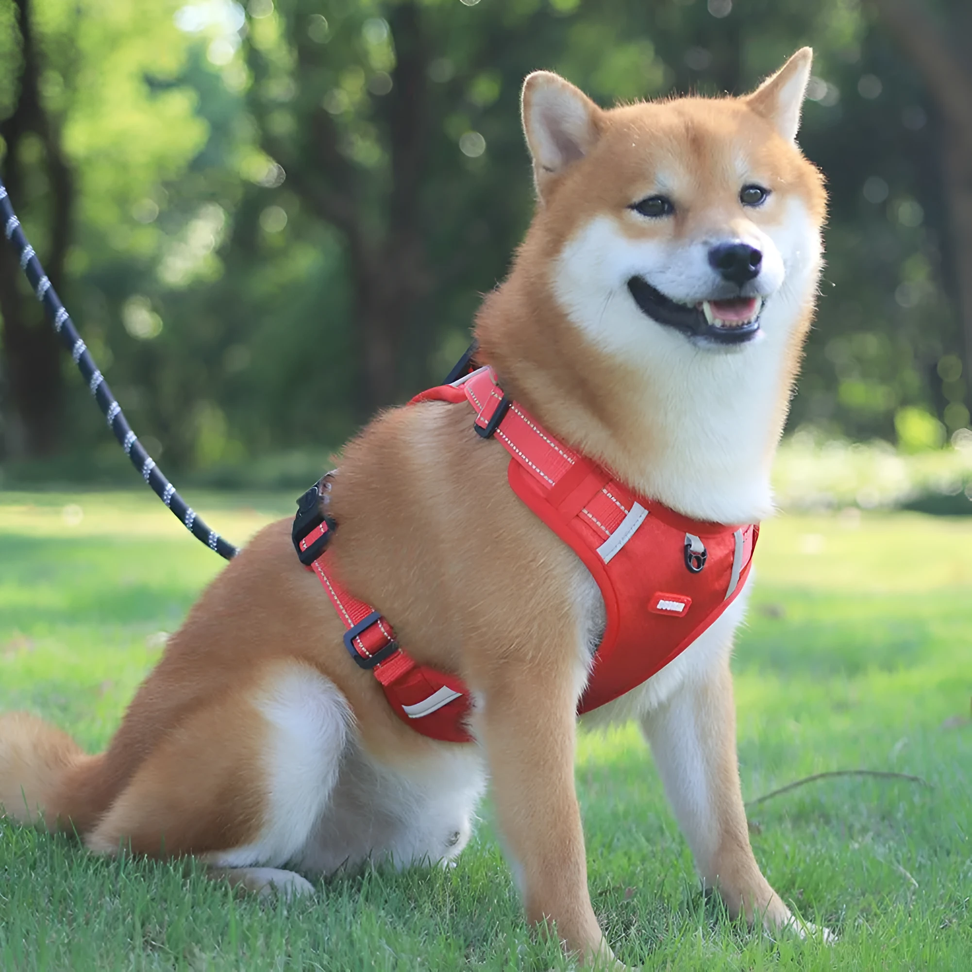 Orange adjustable nylon dog harness with reflective strips and mesh panels shown on dog