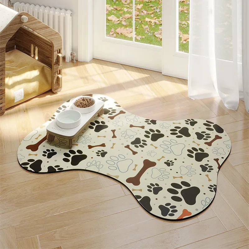 Pet feeding mat with non-slip backing in a dog paw print design on a hardwood floor.