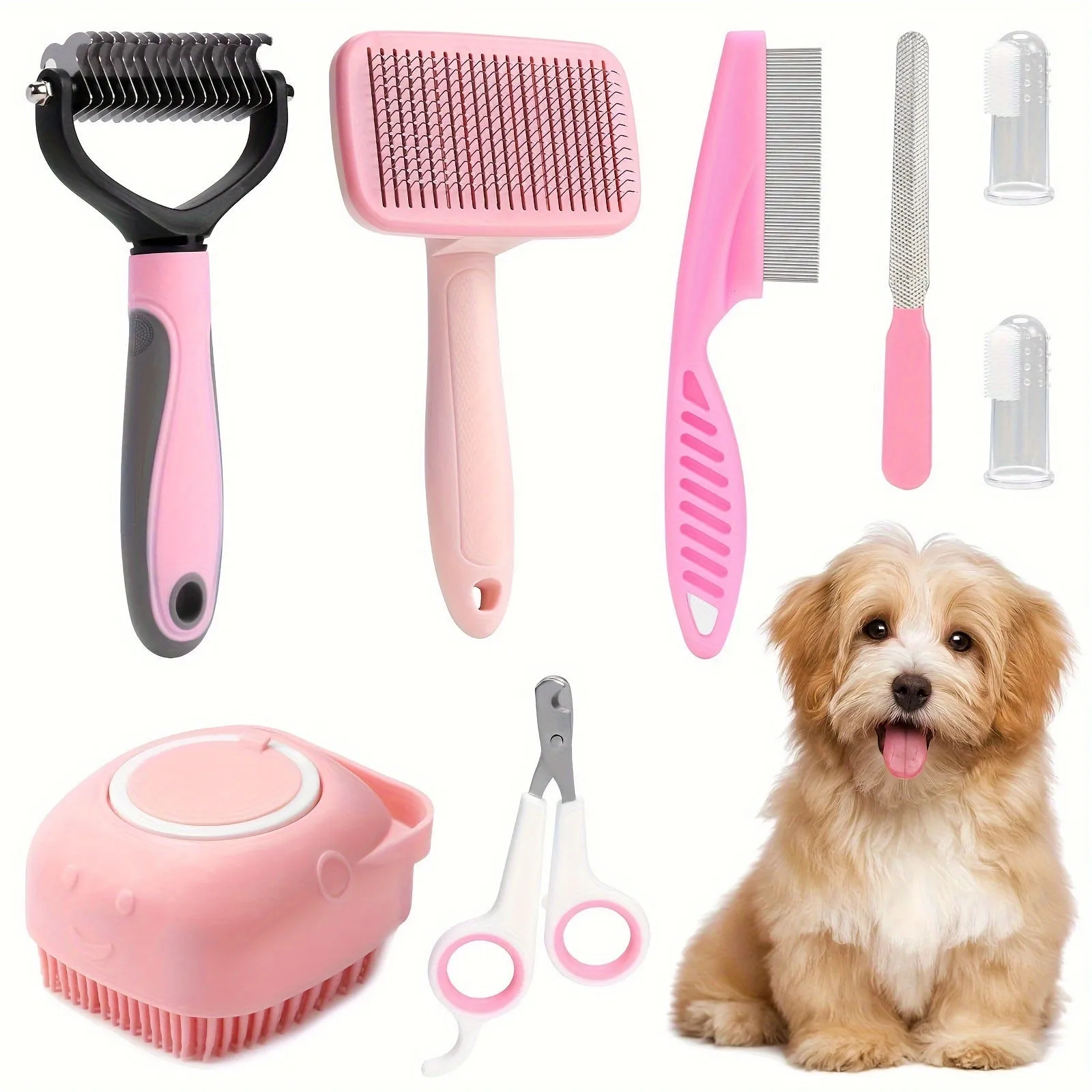 8-piece stainless steel dog grooming tools set with self-cleaning bristles in pink or blue colour