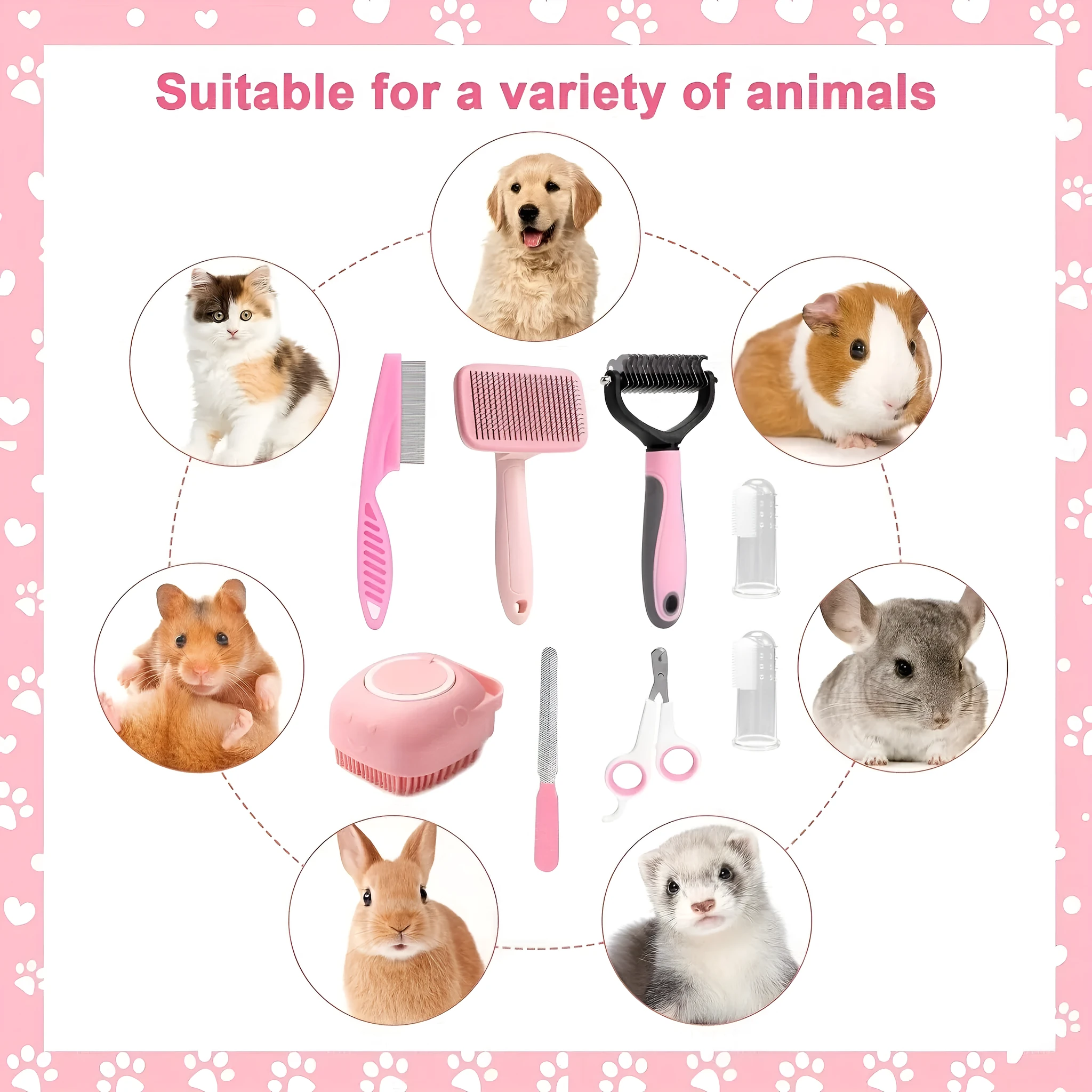 8-piece stainless steel dog grooming tools set with self-cleaning bristles in pink or blue colour