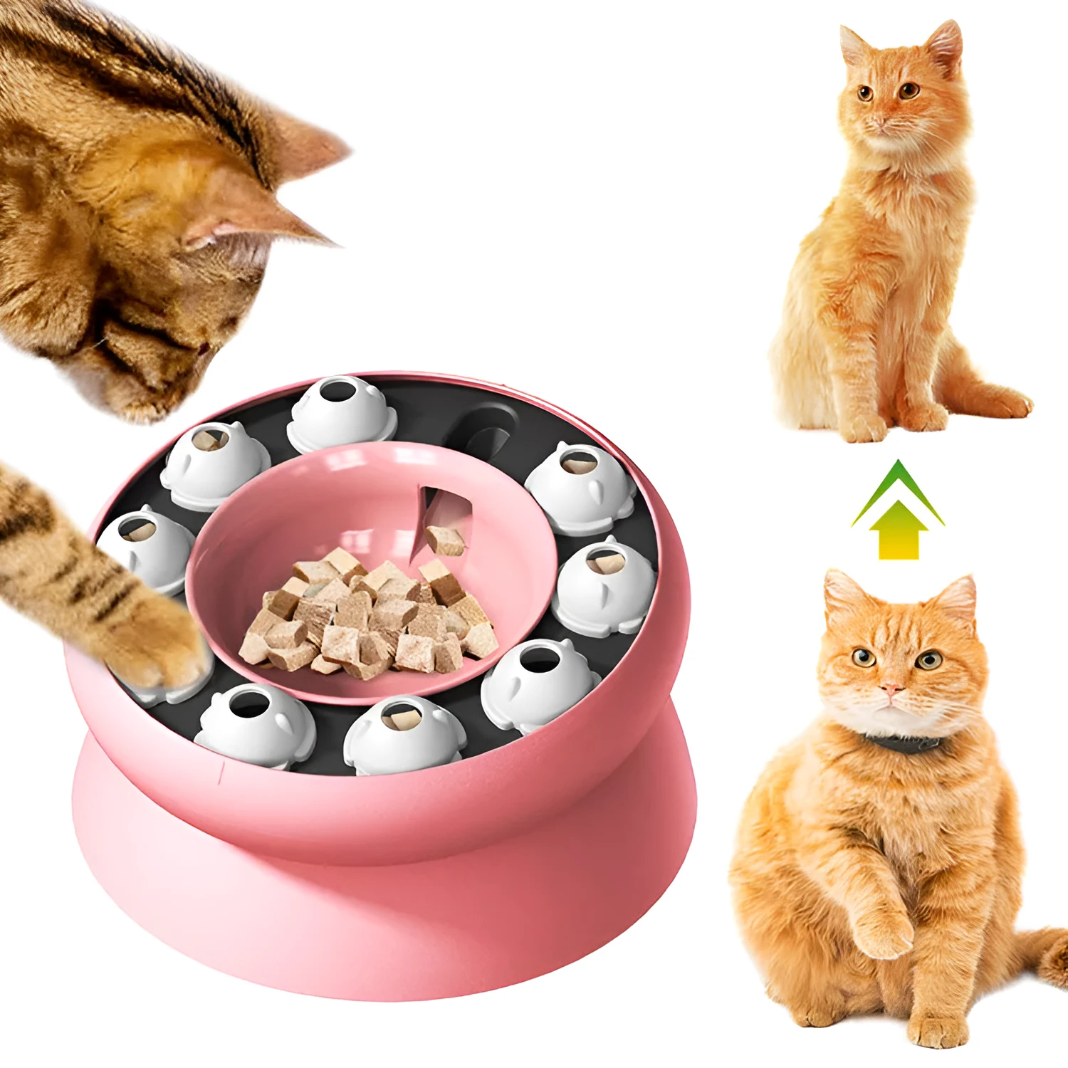 Orange or pink interactive cat slow feeder puzzle bowl with 15-degree tilt