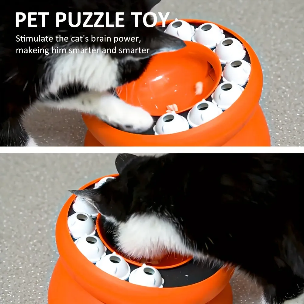 Orange or pink interactive cat slow feeder puzzle bowl with 15-degree tilt