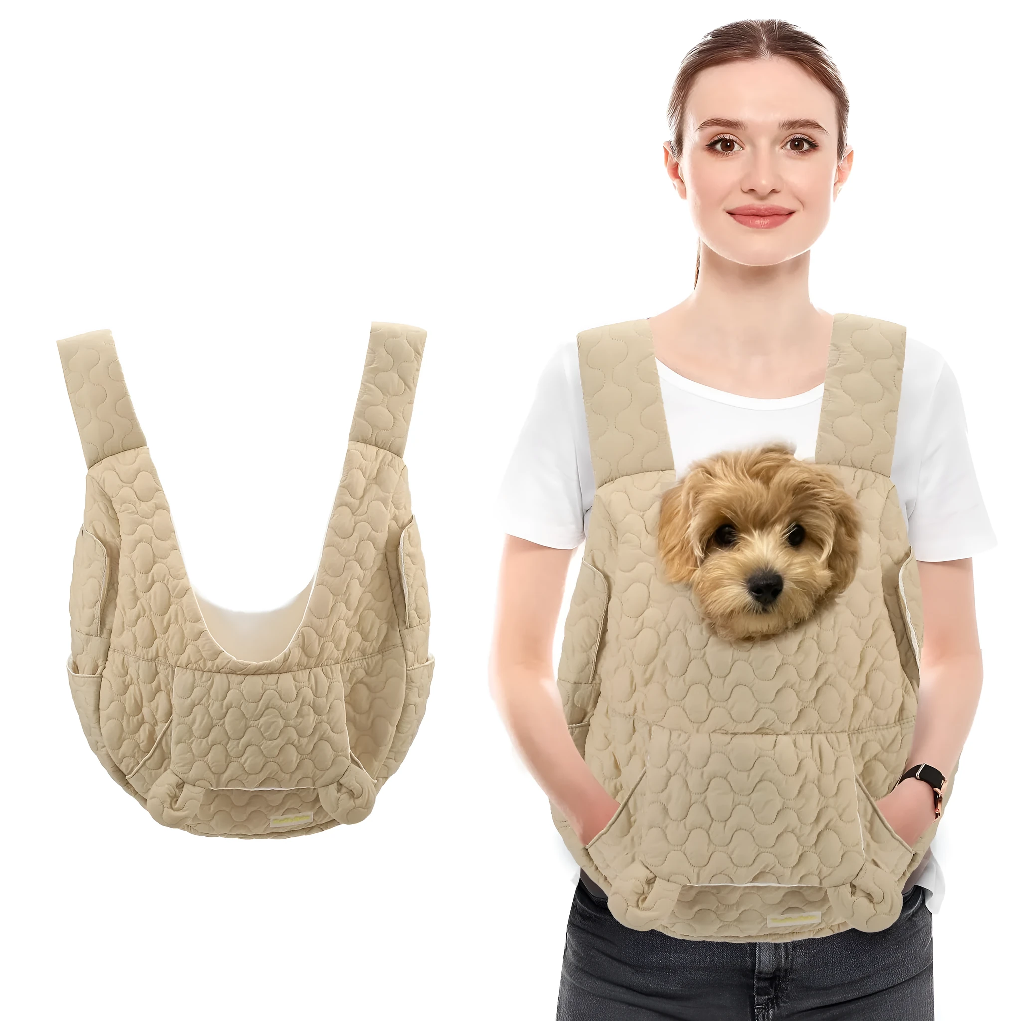 Dark khaki portable pet chest bag with large capacity, shown from the front.