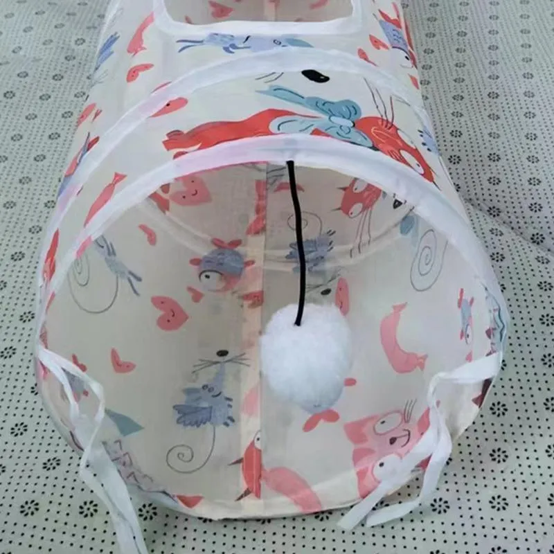 Cat play tunnel folding interactive bunny tent with black and white kitten pattern, made of polyester and canvas, with tunnel attached