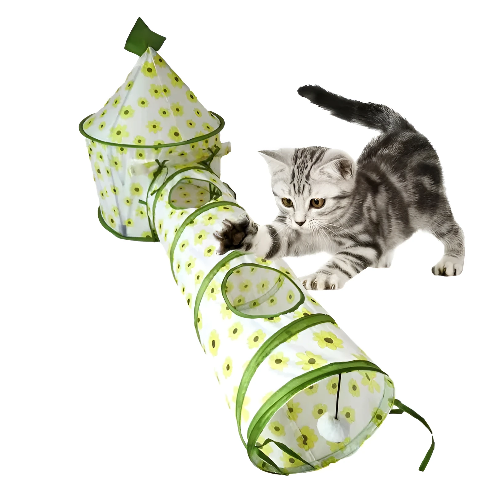Cat play tunnel folding interactive bunny tent with black and white kitten pattern, made of polyester and canvas, with tunnel attached