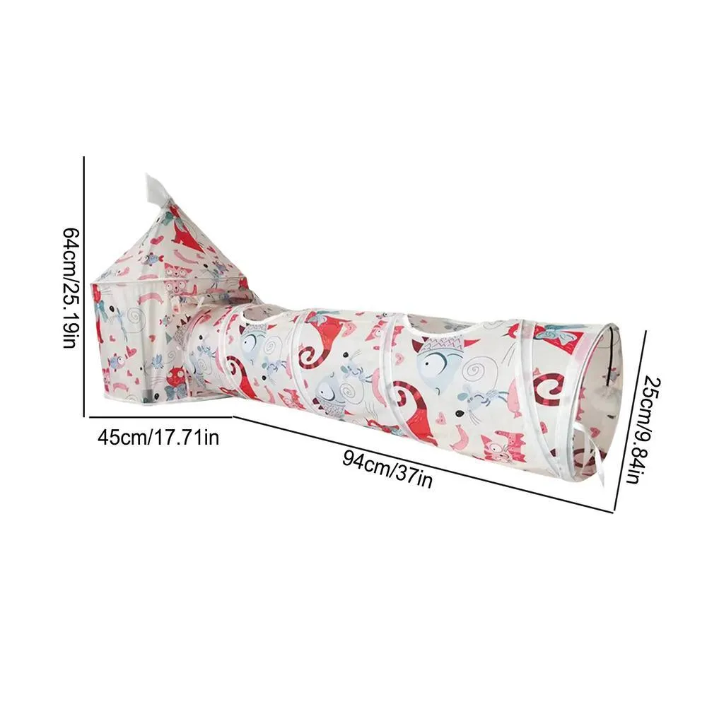 Cat play tunnel folding interactive bunny tent with black and white kitten pattern, made of polyester and canvas, with tunnel attached