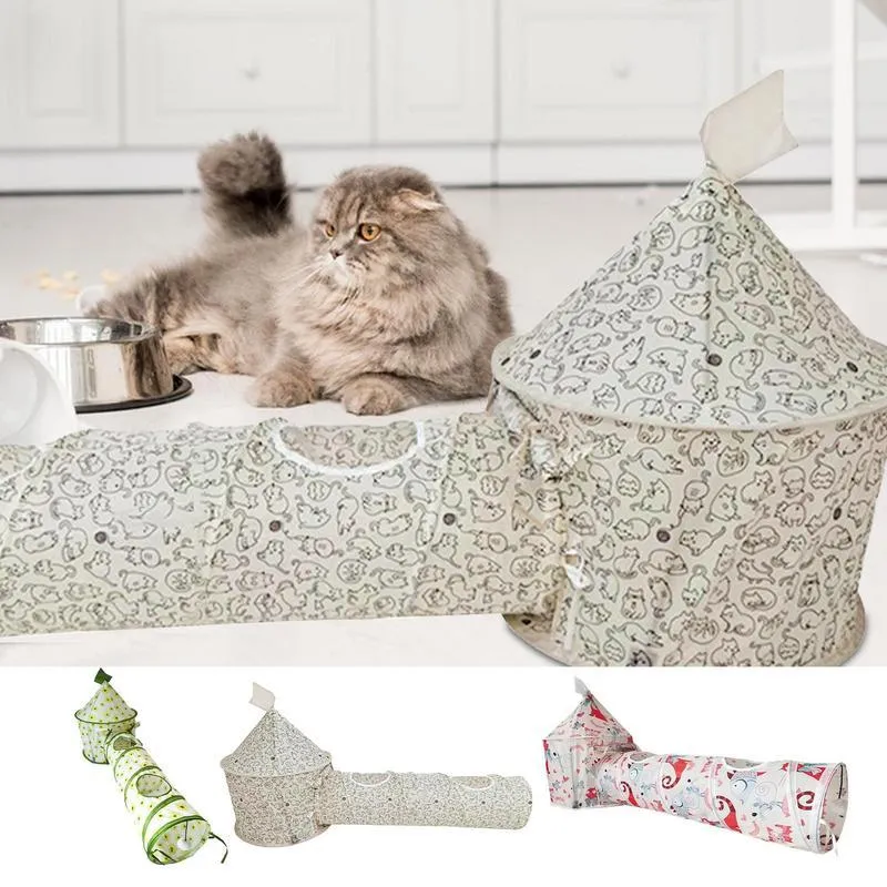 Cat play tunnel folding interactive bunny tent with black and white kitten pattern, made of polyester and canvas, with tunnel attached