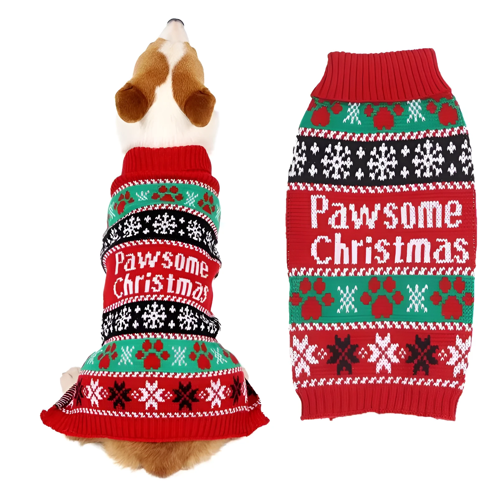 Red acrylic high-necked contrast colour sweater for dogs, sizes XS to XL