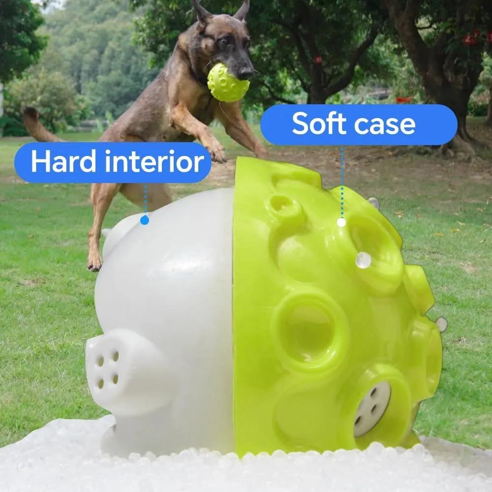 Colourful durable dog chew ball with textured surface and internal squeaker for aggressive chewers