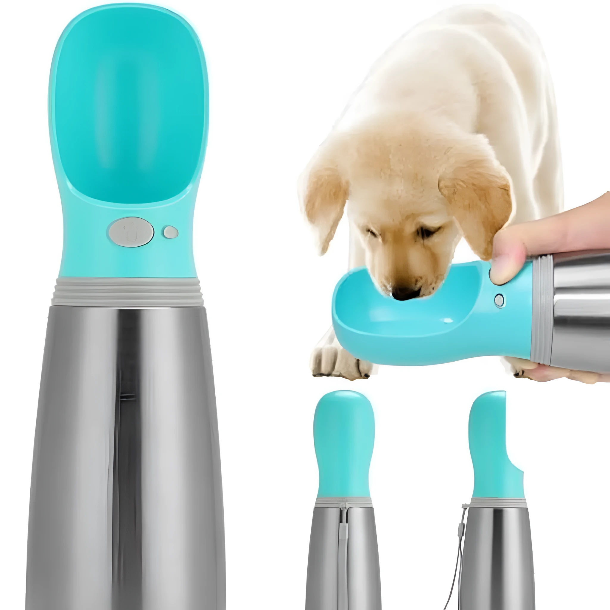 Blue stainless steel portable dog water bottle with drinking feeder showing 700ml capacity
