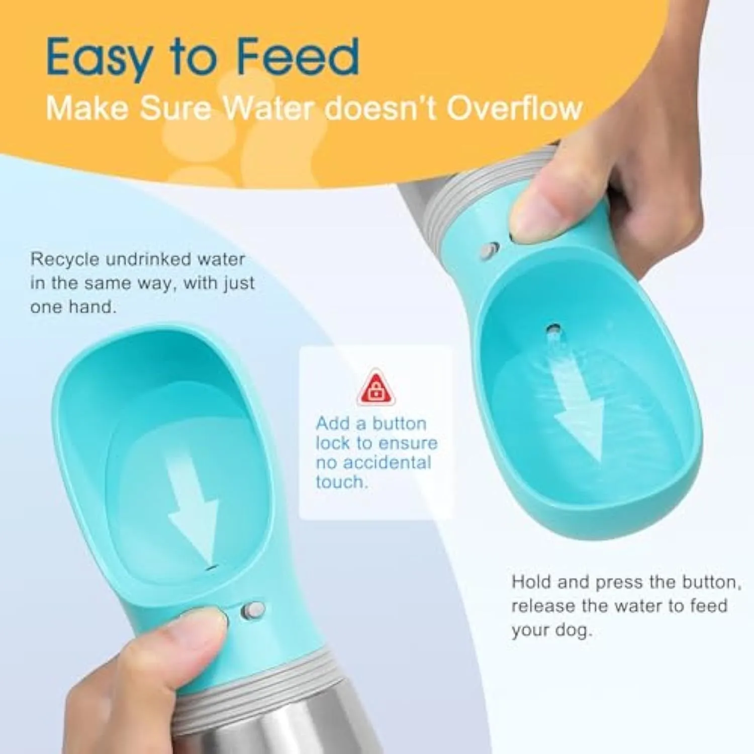 Blue stainless steel portable dog water bottle with drinking feeder showing 700ml capacity