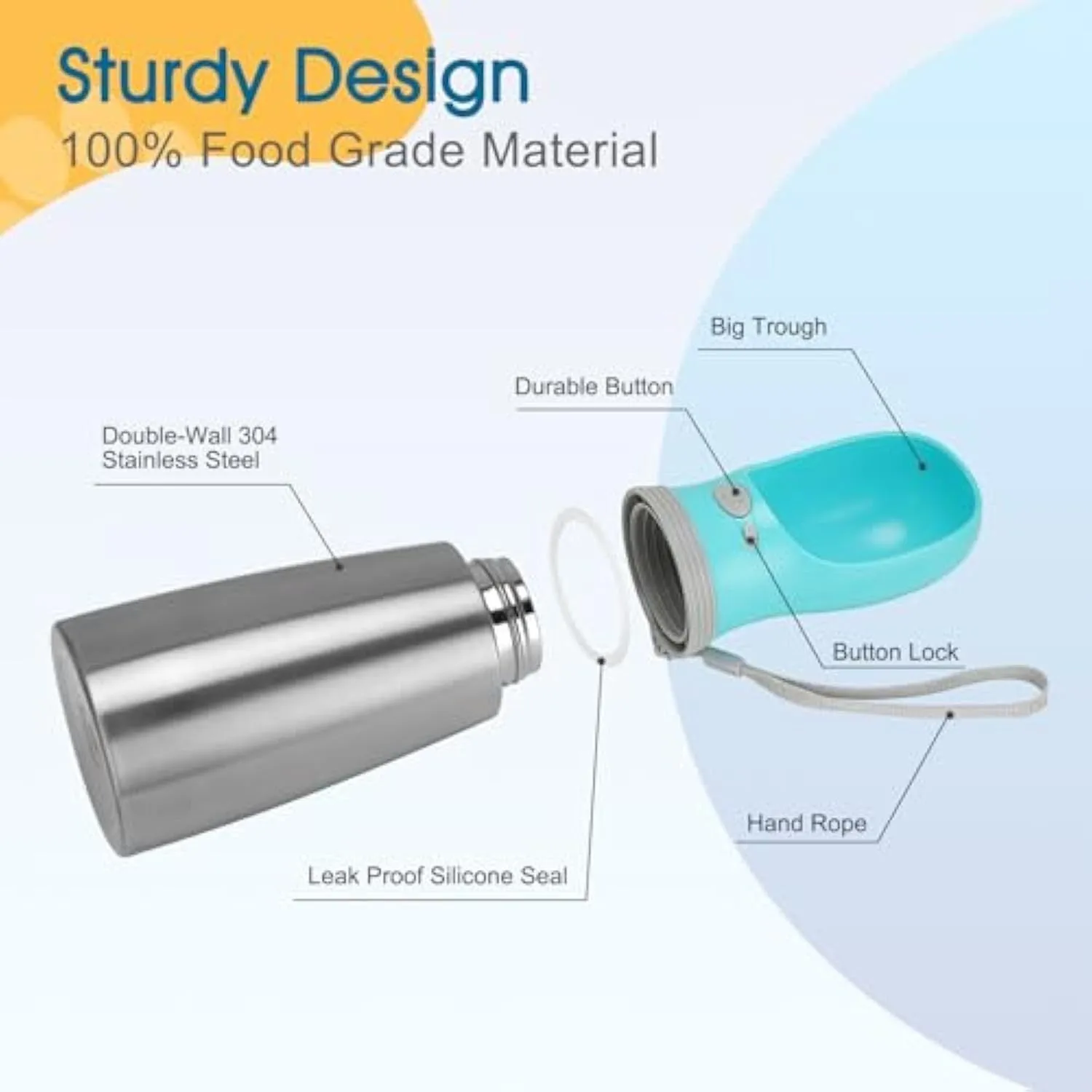 Blue stainless steel portable dog water bottle with drinking feeder showing 700ml capacity