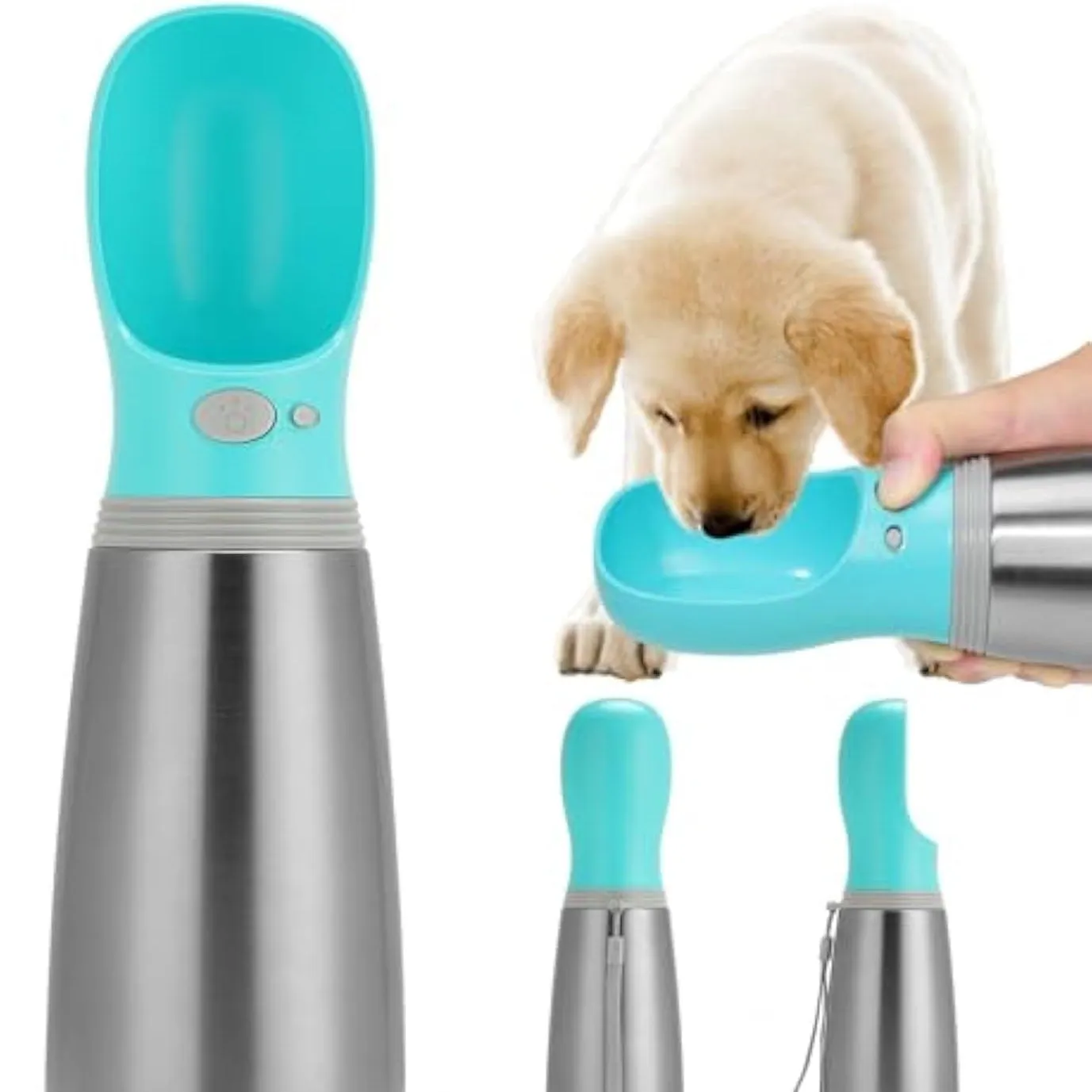 Blue stainless steel portable dog water bottle with drinking feeder showing 700ml capacity