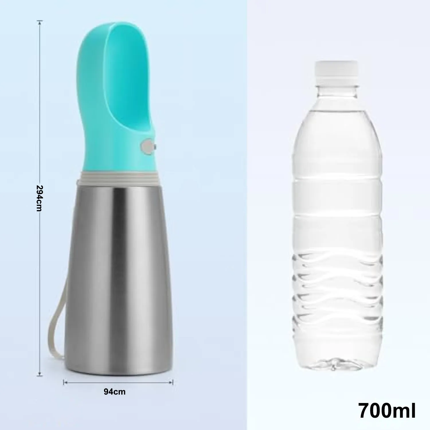 Blue stainless steel portable dog water bottle with drinking feeder showing 700ml capacity
