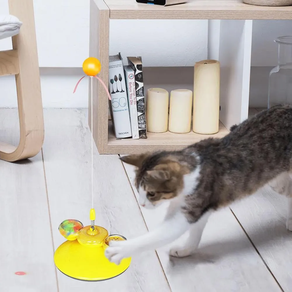 Cat interactive toy with suction cup base and colourful LED lights on spring mechanism