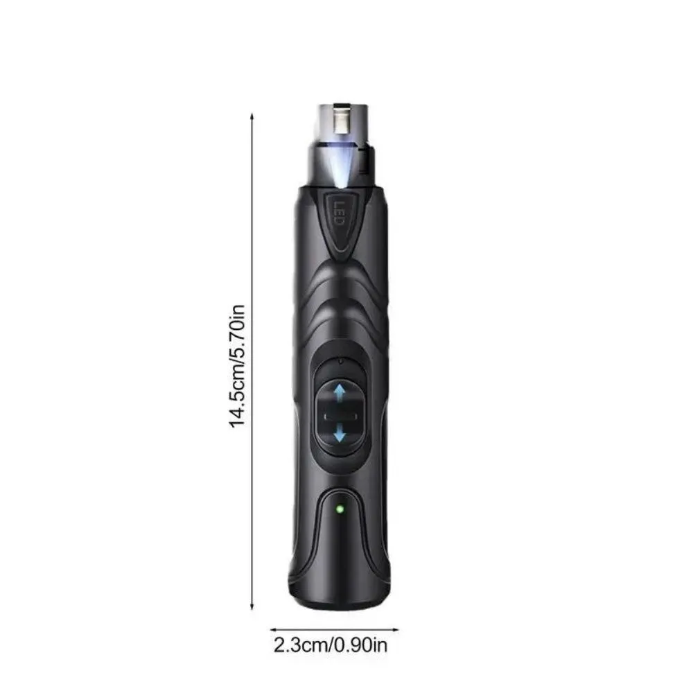 Black rechargeable dog nail grinder with LED light, shown with its 2-speed settings.