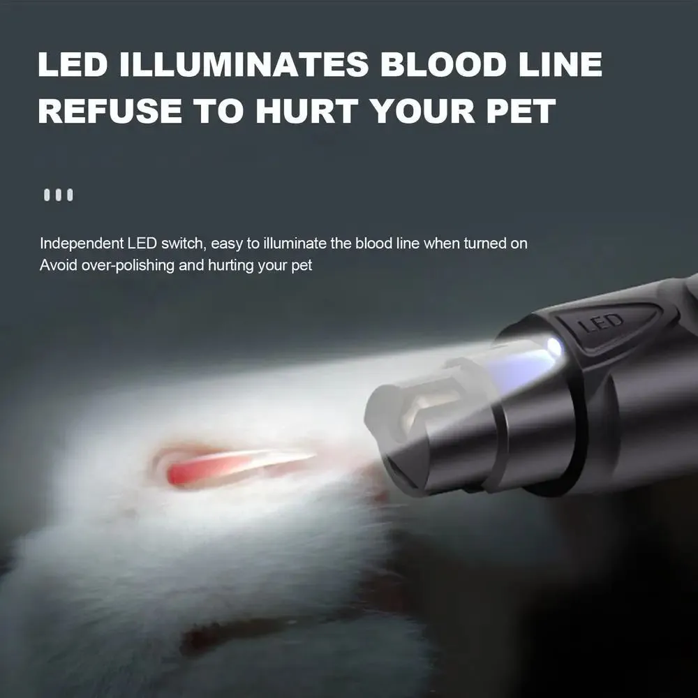 Black rechargeable dog nail grinder with LED light, shown with its 2-speed settings.