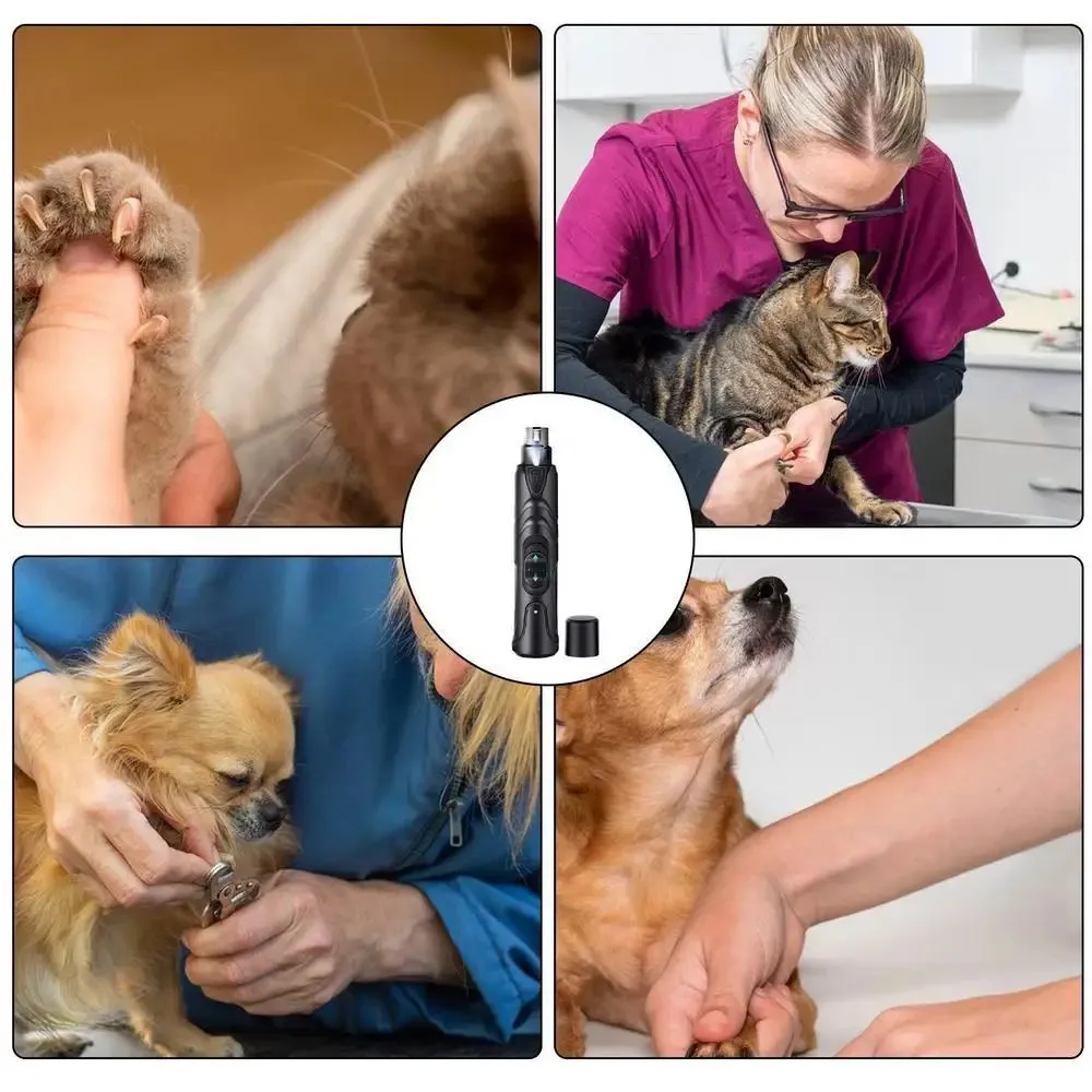 Black rechargeable dog nail grinder with LED light, shown with its 2-speed settings.