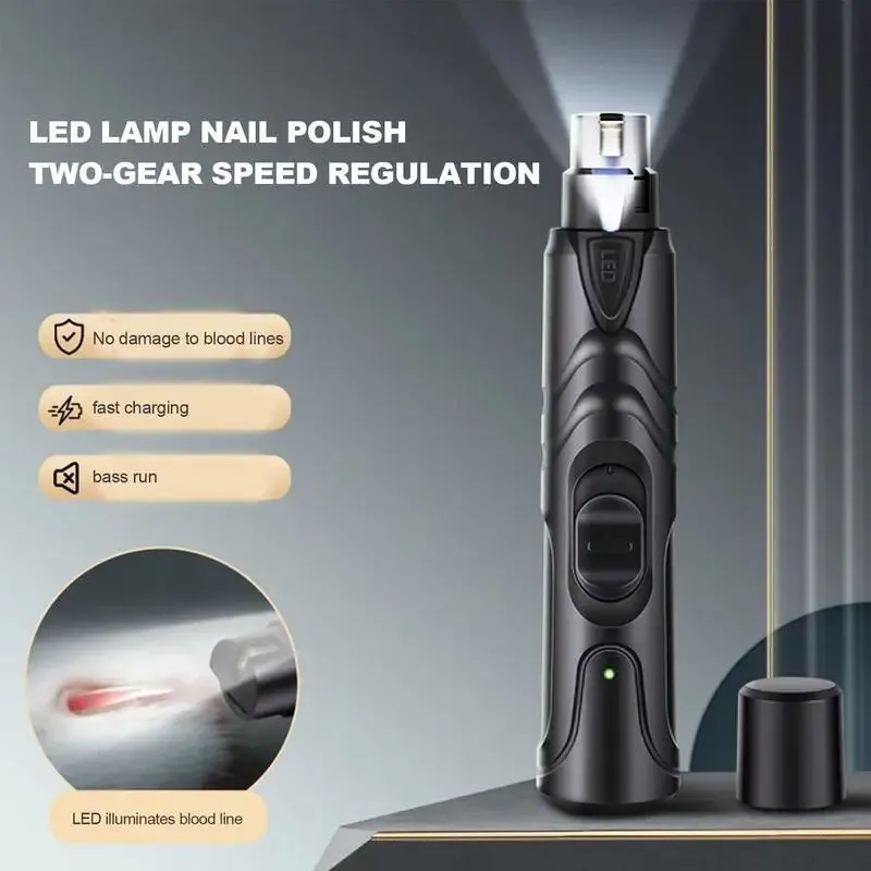 Black rechargeable dog nail grinder with LED light, shown with its 2-speed settings.