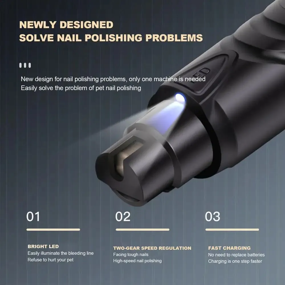 Black rechargeable dog nail grinder with LED light, shown with its 2-speed settings.