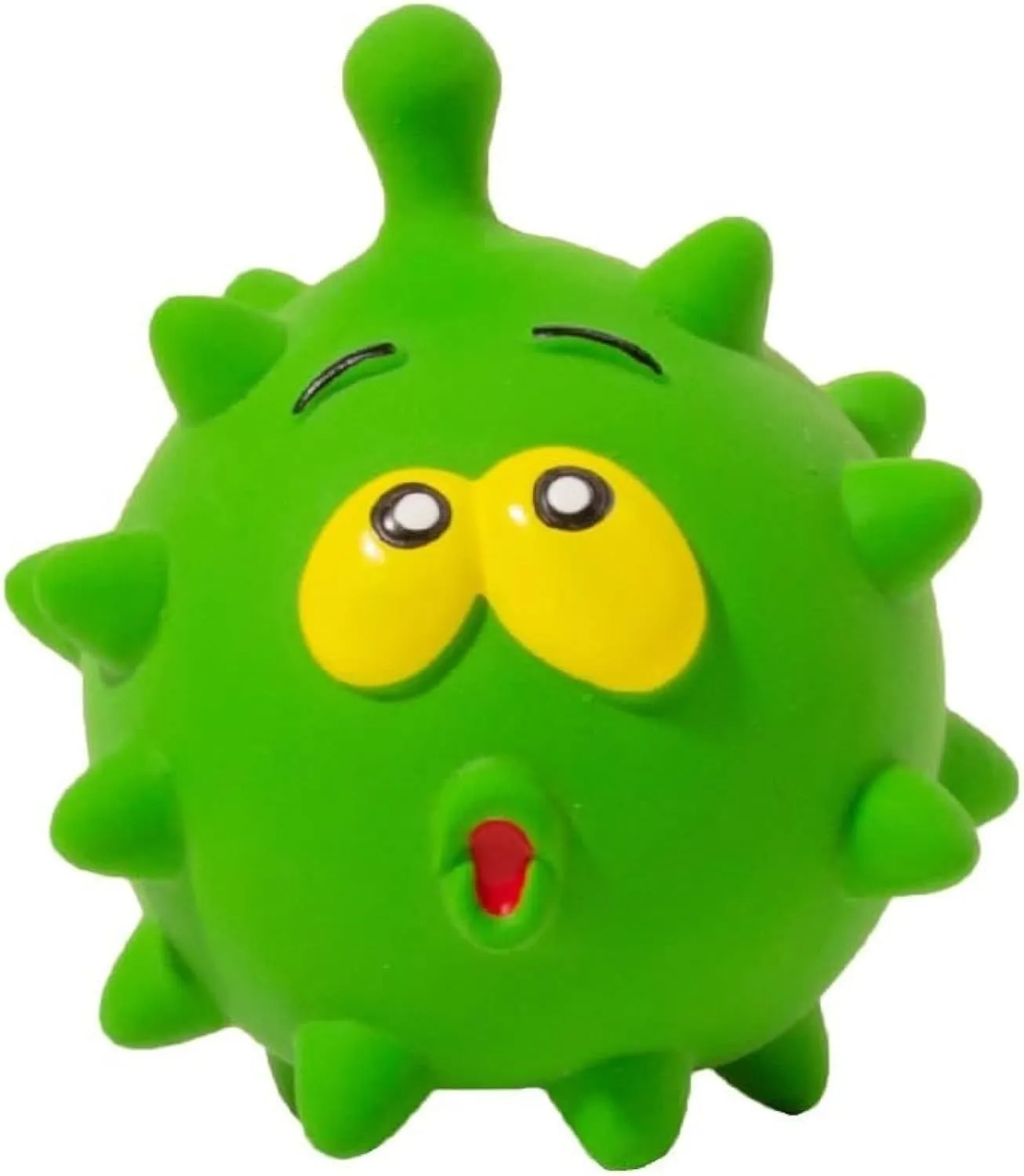 Set of four colourful latex squeaky dog balls with cute faces on a textured surface.