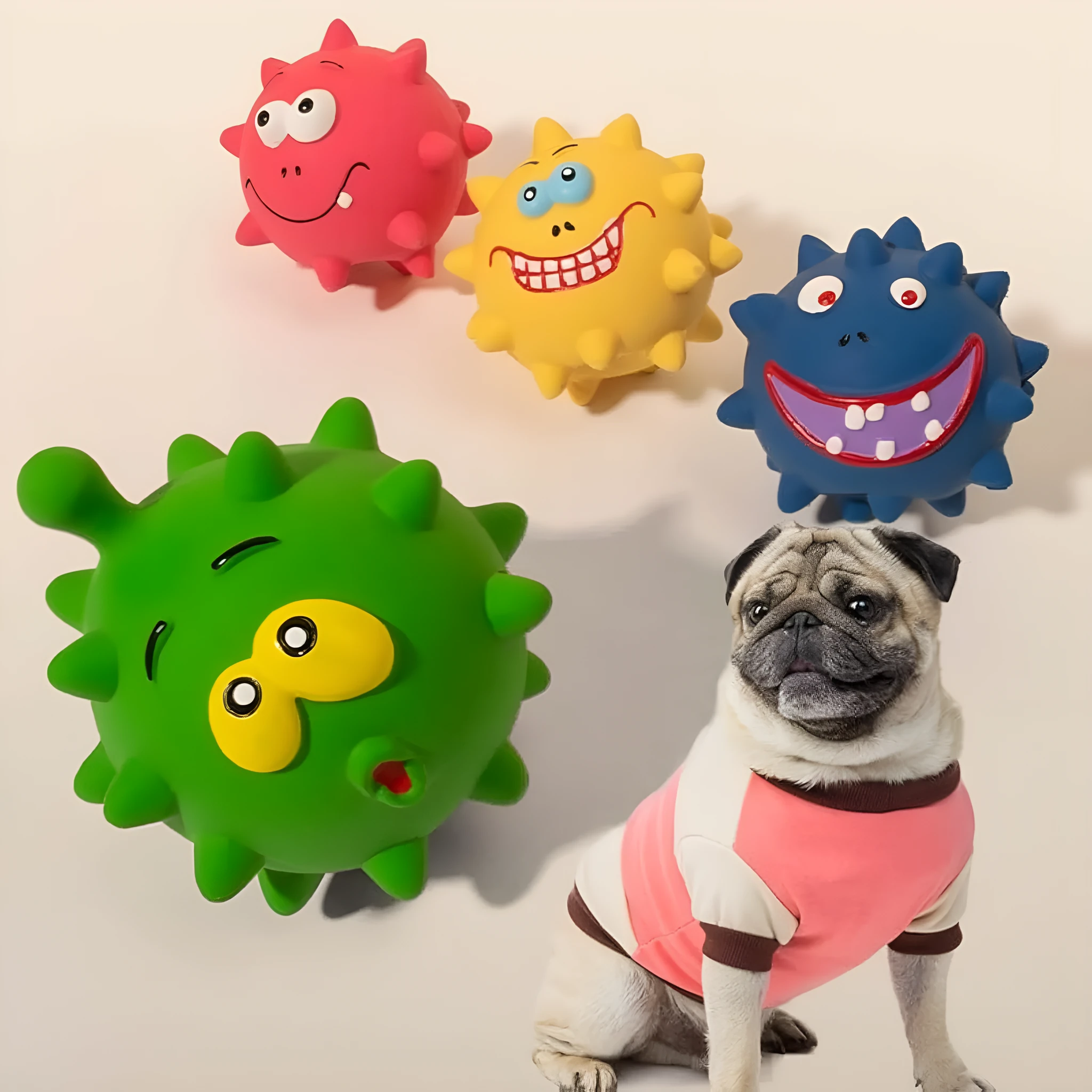 Set of four colourful latex squeaky dog balls with cute faces on a textured surface.