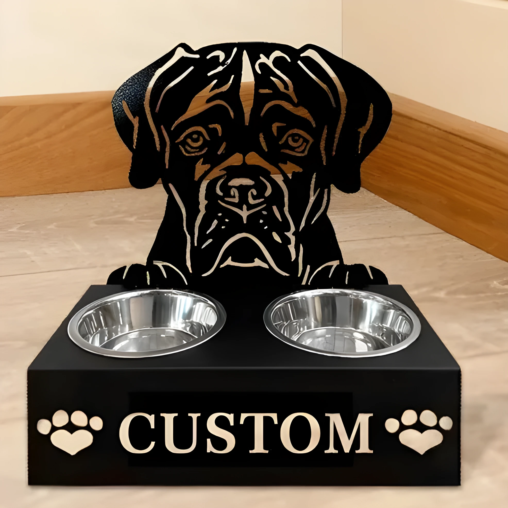Personalised wrought iron dog bowl rack with custom name, 33x17x7cm, holding a metal dog bowl