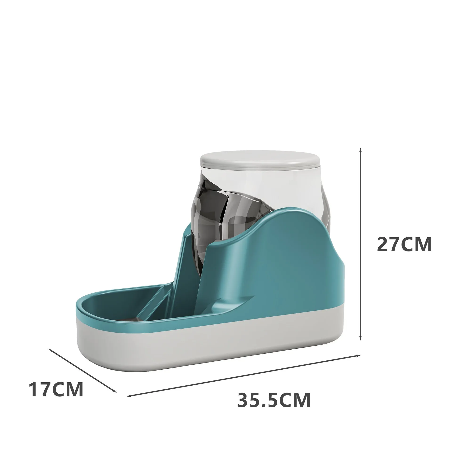 Large capacity automatic cat water fountain and pet feeder for dry food in Blue colour on floor.