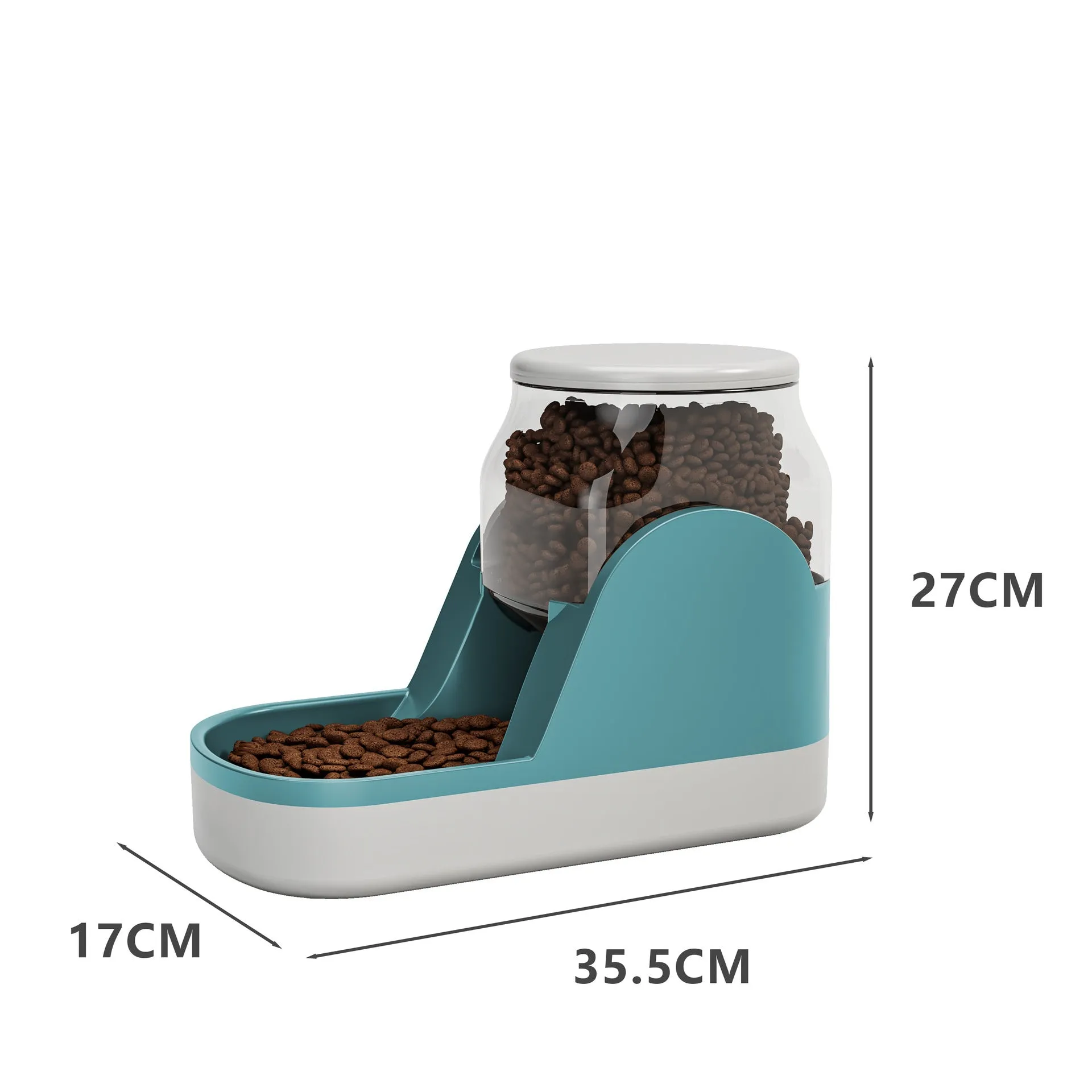 Large capacity automatic cat water fountain and pet feeder for dry food in Blue colour on floor.