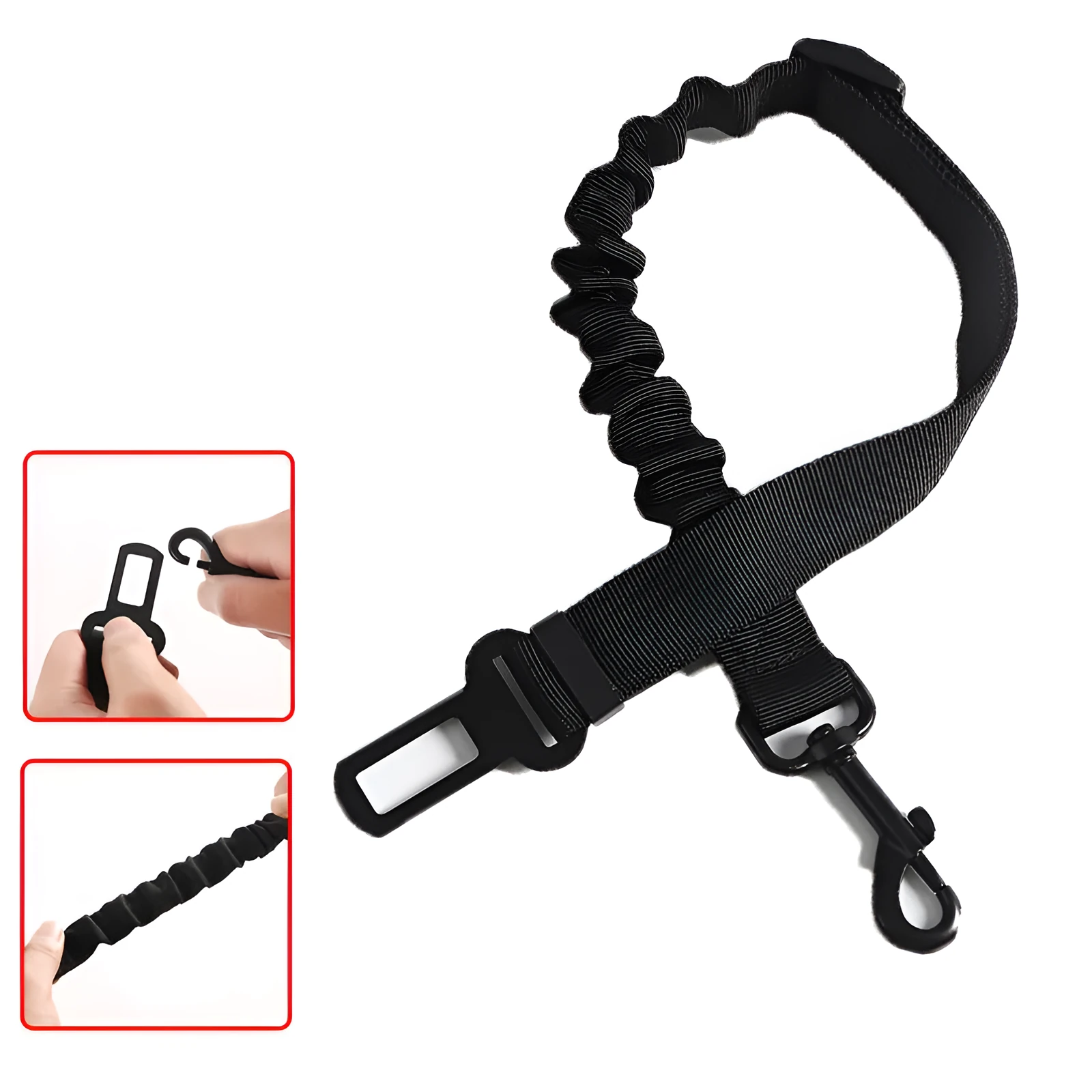 Black nylon pet vehicle retractable safety rope with metal buckle, 53-74cm length, on car seat