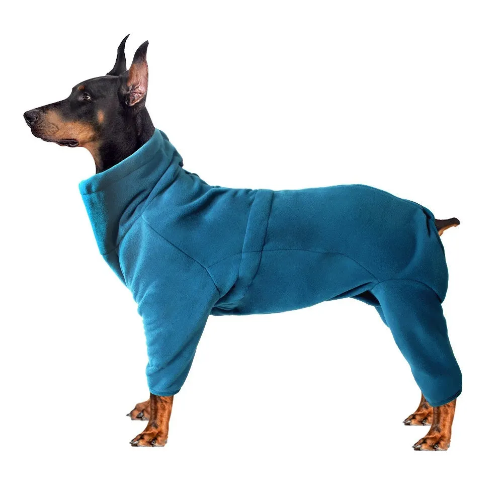 Polar fleece dog coat in blue, four-legged windproof design for large dogs