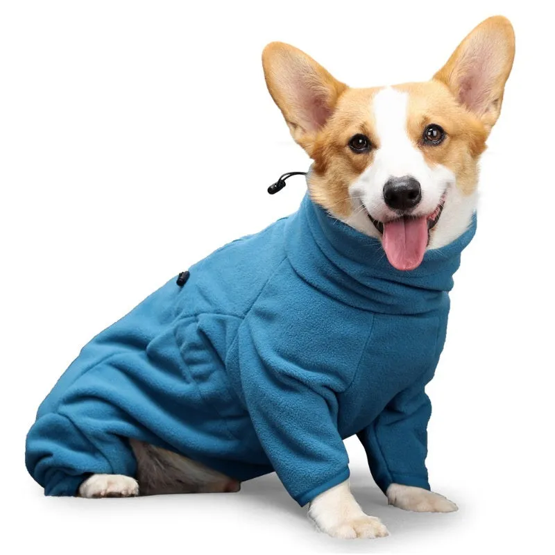 Polar fleece dog coat in blue, four-legged windproof design for large dogs